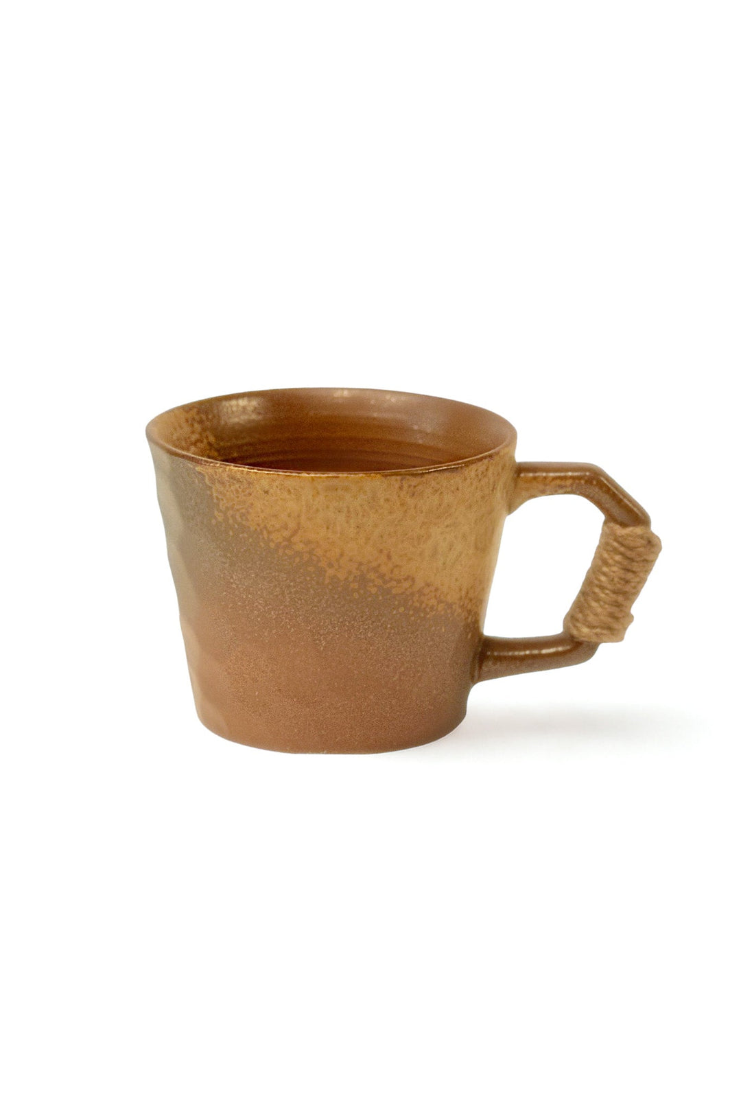 Textured ceramic coffee mug with earthy brown glaze and wrapped handle