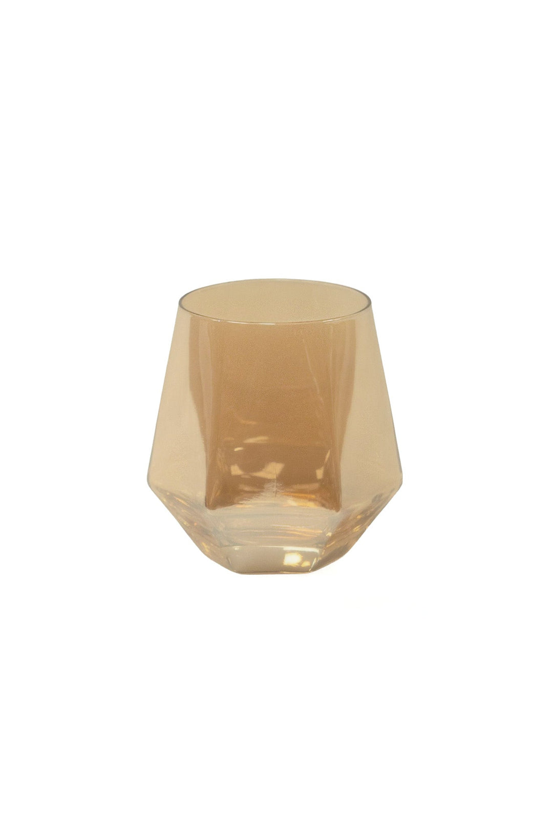 Amber diamond-pattern bourbon glass with faceted sides and wide rim