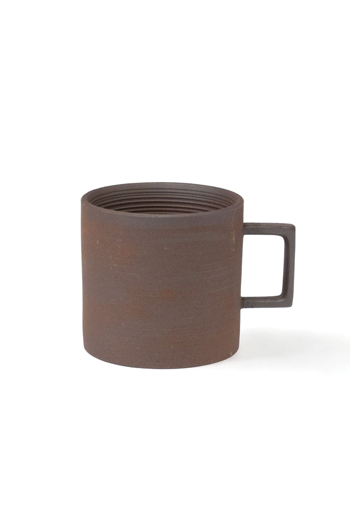Handmade stoneware espresso mug, dark brown, minimal cylinder with side handle
