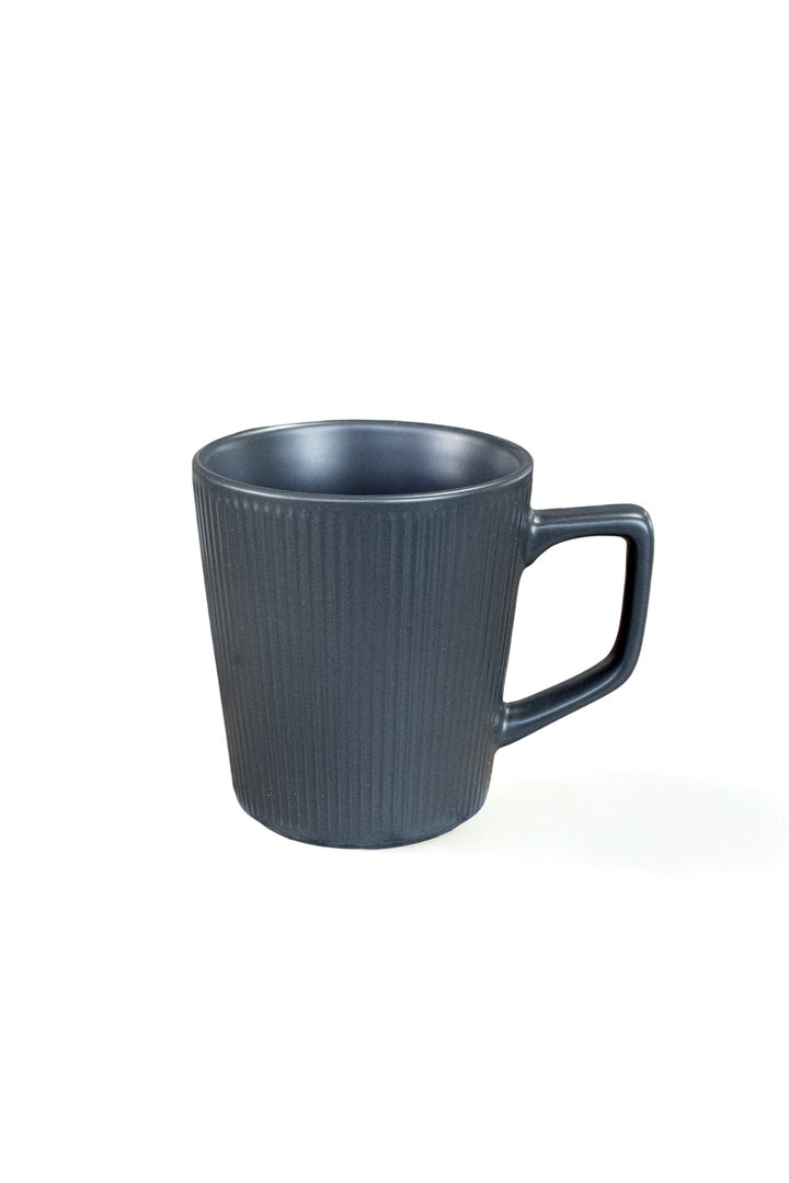 Blue ribbed ceramic mug with handle, matte finish