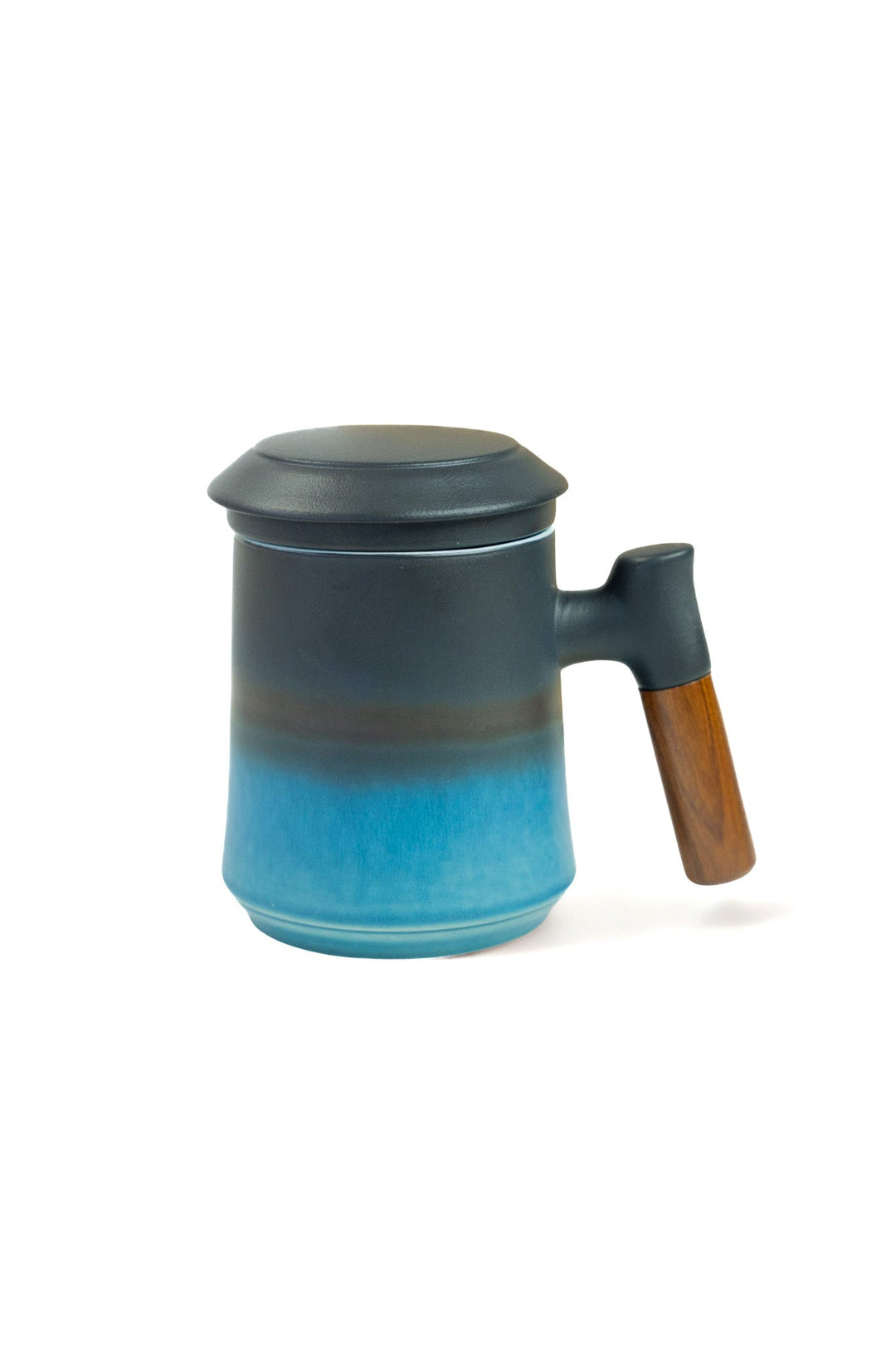 Blue ceramic tea steeping mug with dark lid and wood handle, tall cup