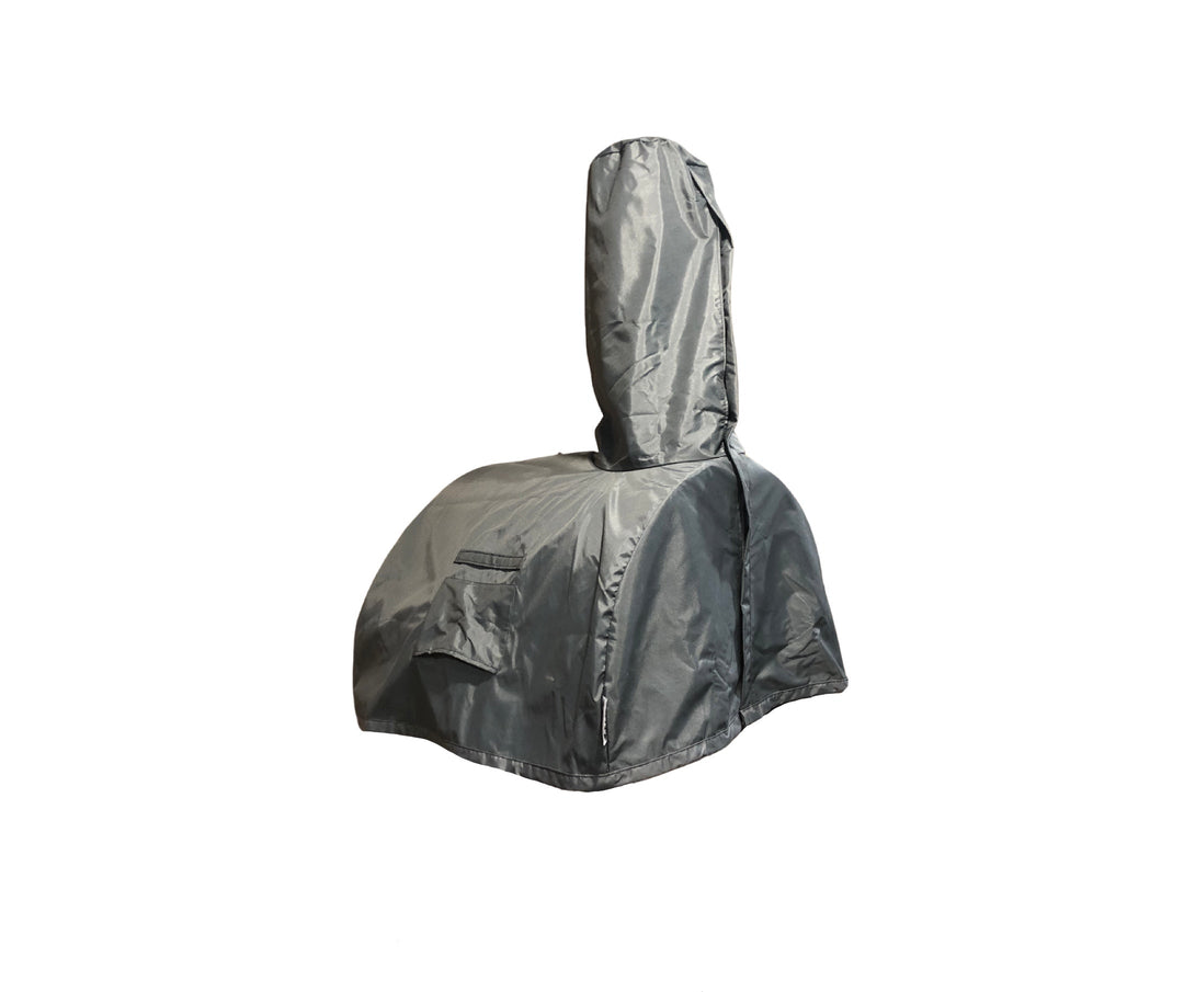 Outdoor oven cover with hood, dark gray fabric and zipper front pocket