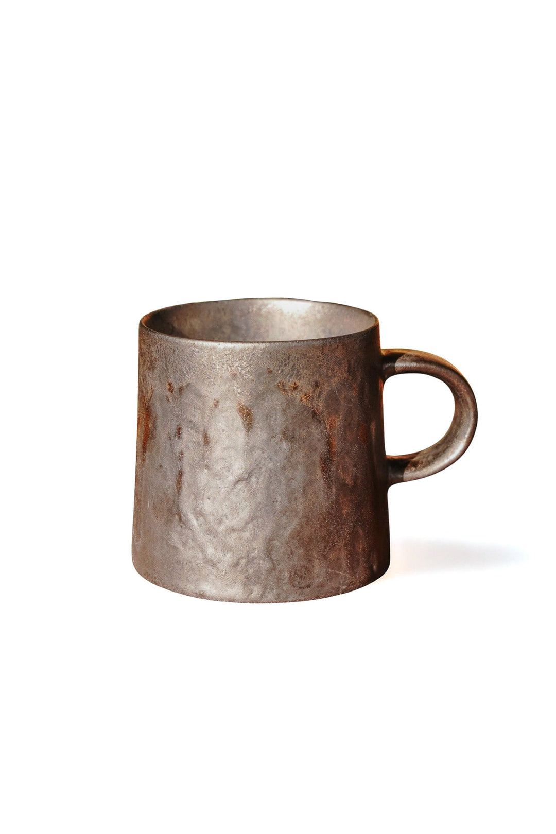 Stone-gray and bronze espresso mug with dark handle, speckled metal finish