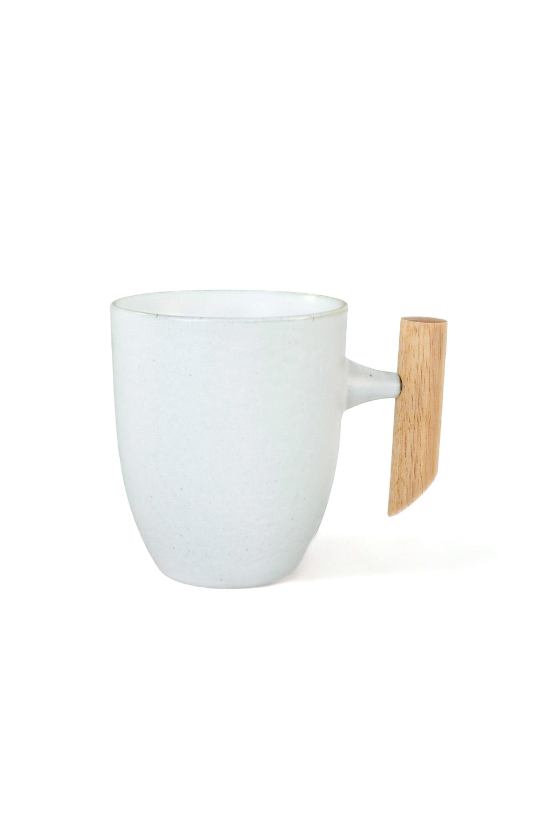 White minimalist ceramic mug with curved wooden handle and short side spout