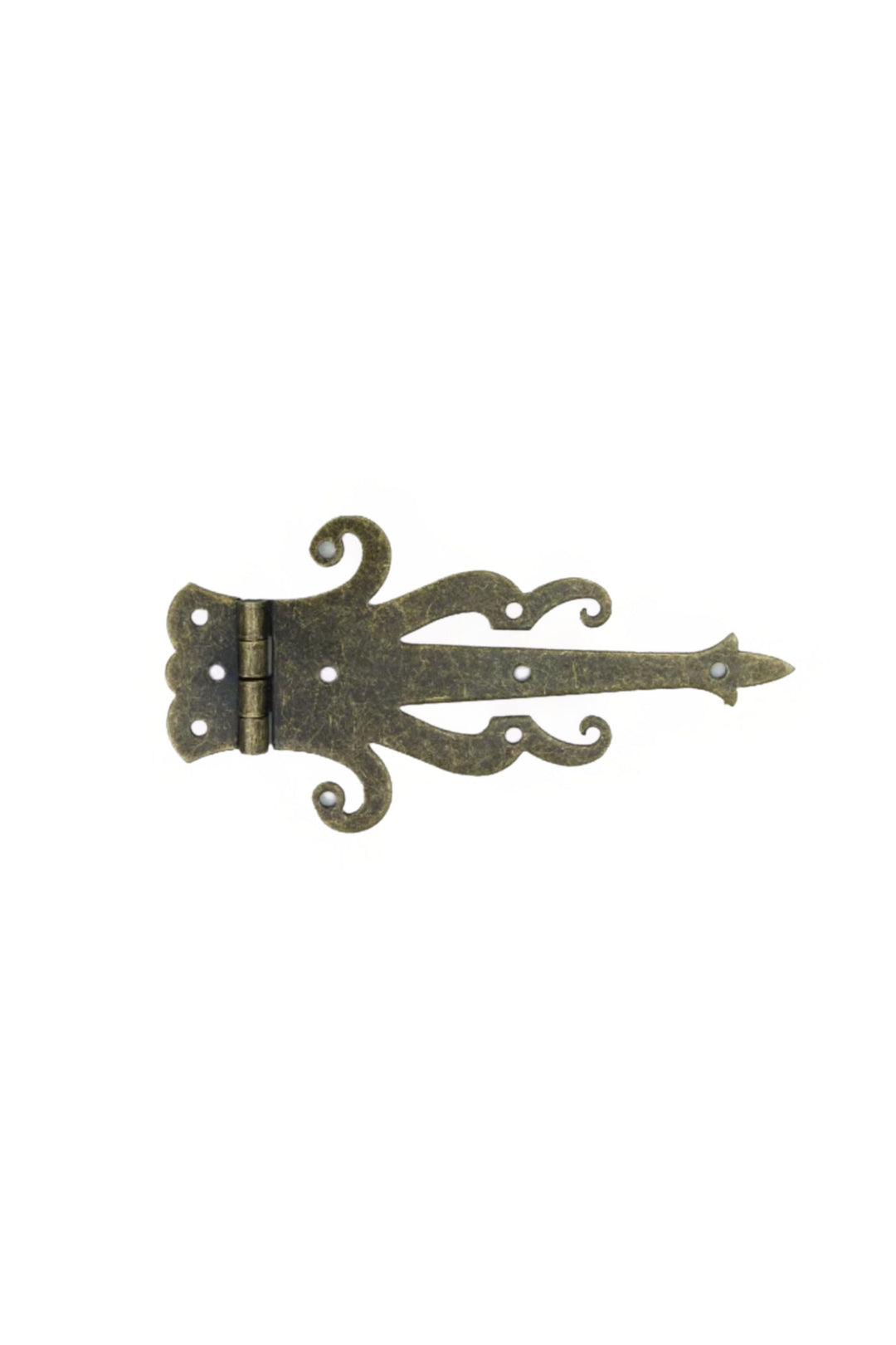 Bronze decorative strap hinge with scrollwork and leaf-like end cutouts