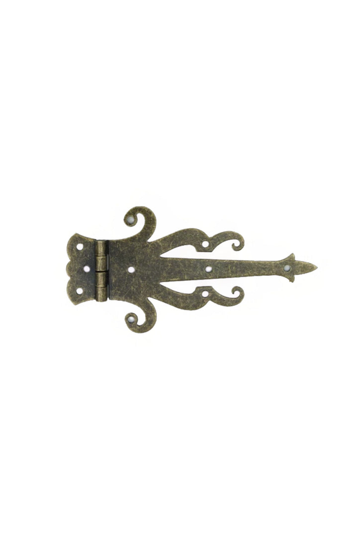 Bronze decorative strap hinge with scrollwork and leaf-like end cutouts