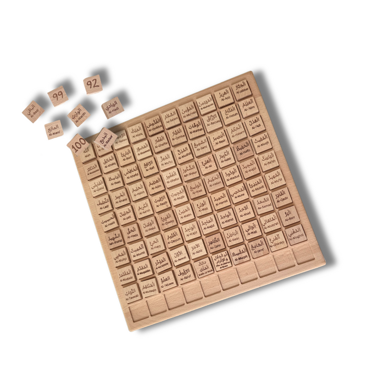 Montessori hundred board with Arabic names grid and small number tiles