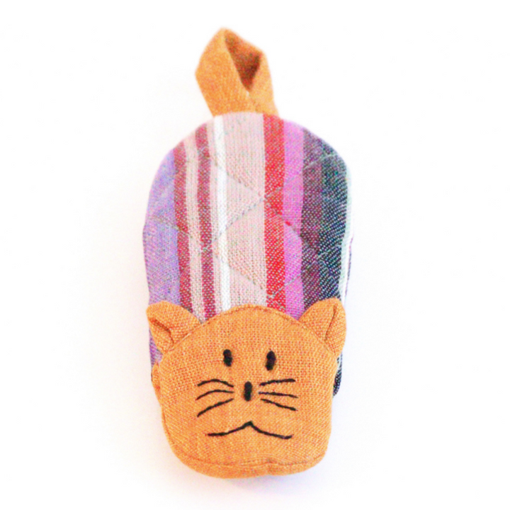 Cat skillet handle holder, orange cat head with striped fabric body and hanging loop.