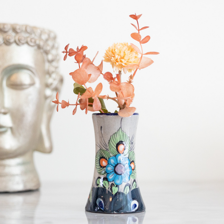 Stoneware vase with blue rim, hummingbird and floral bird artwork