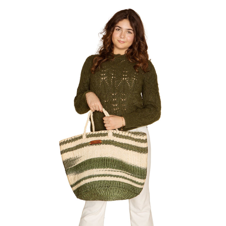 Healing Handmade Vegan Green and White Sisal Tote Basket Bag