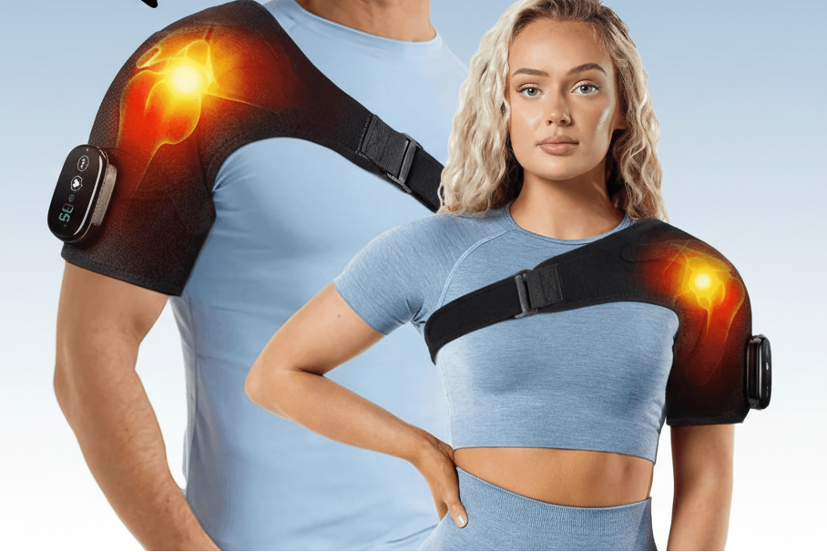 Heat massager with strap on shoulders, glowing orange heat zones