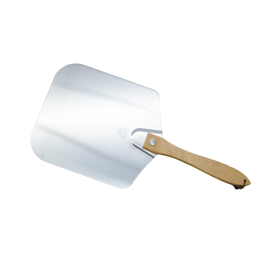 Folding pizza peel with light wood handle and silver metal board