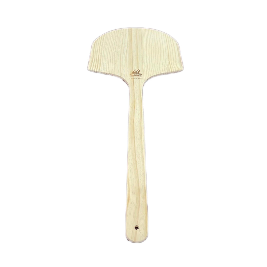 Light wood pizza peel with long handle and curved head, stamped brand mark