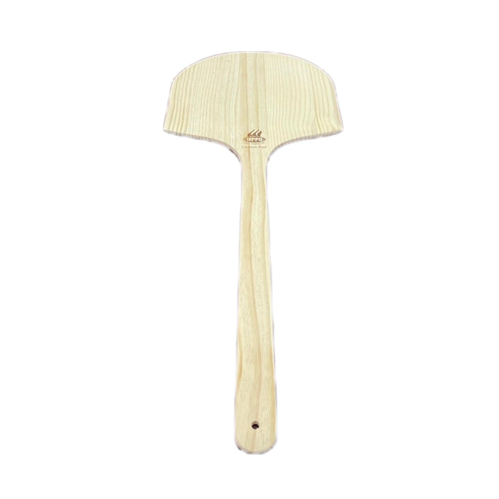 Light wood pizza peel with long handle and curved head, stamped brand mark