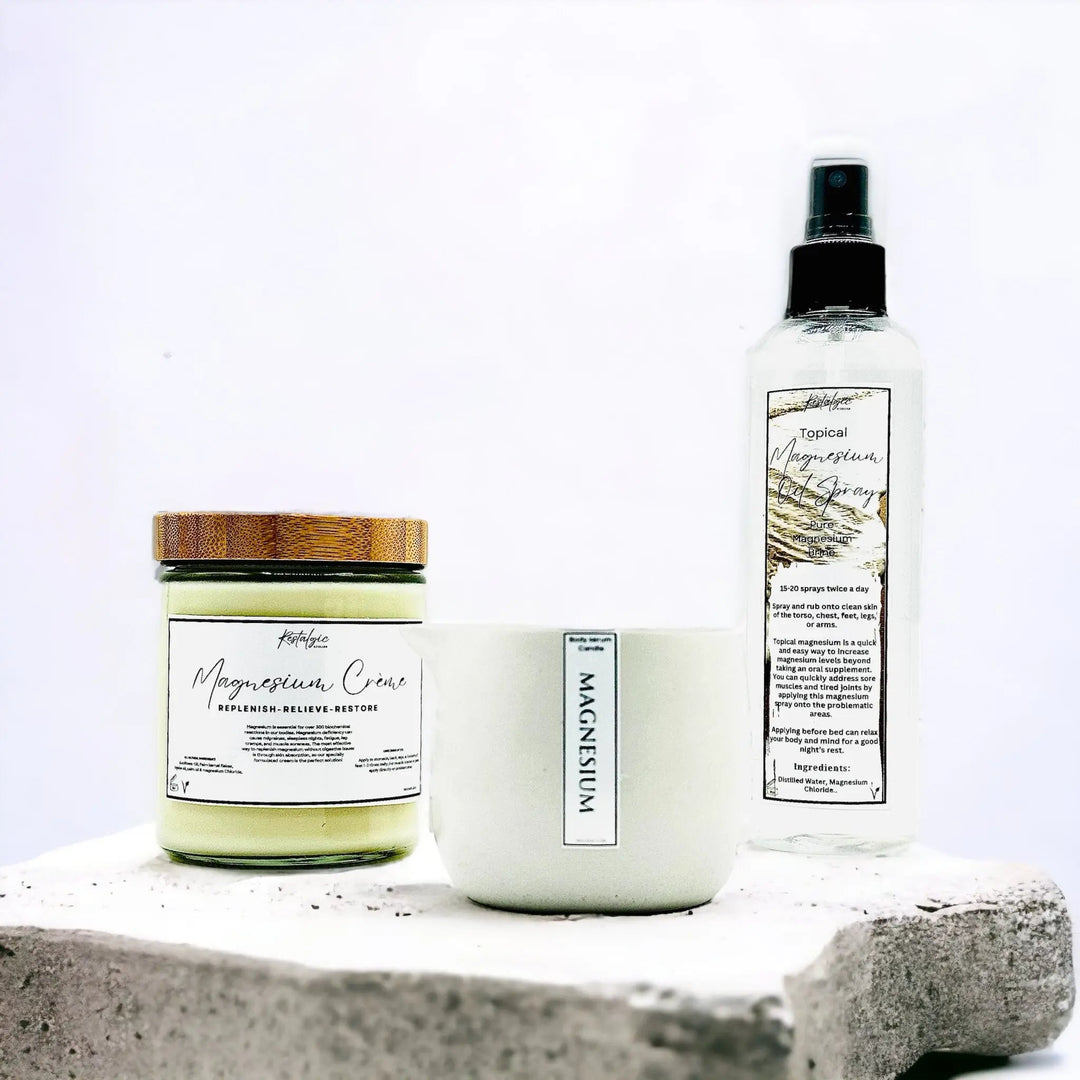 Magnesium cream jar and magnesium spray bottle set with small product tin
