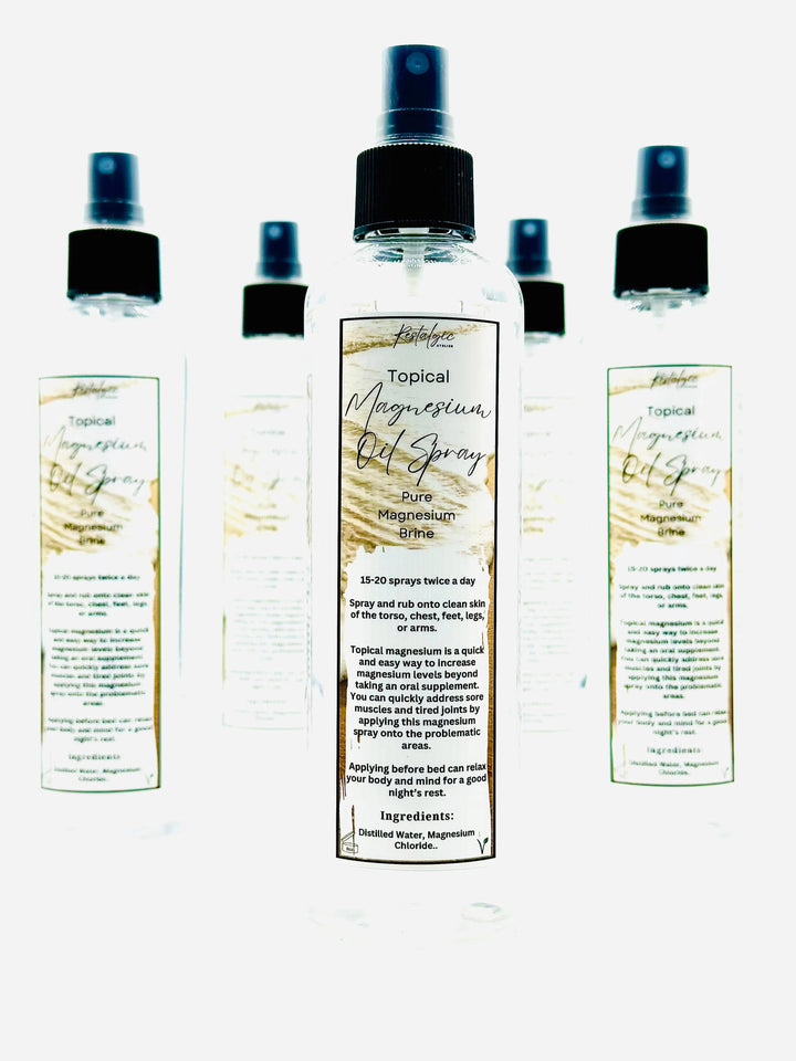 Magnesium spray bottles assortment with blue caps in a row