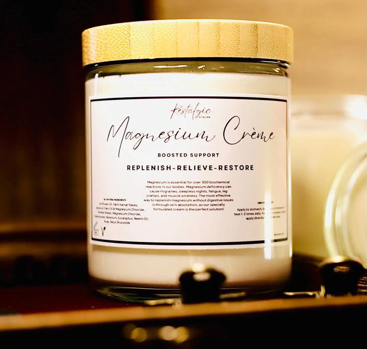 Magnesium cream jar with gold lid and cream-colored product