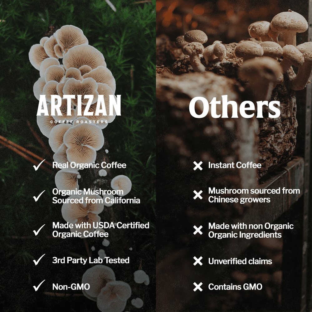 Coffee roasters comparison graphic with organic mushroom checklist