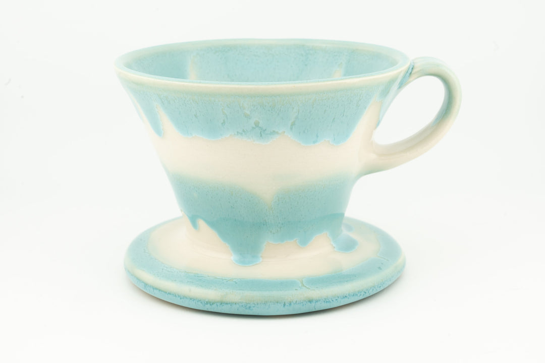 Ceramic coffee pour-over dripper with base, light aqua glaze with irregular drip bands