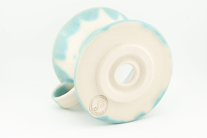 Ceramic coffee pour-over dripper base, light aqua glaze with pale blue drip pattern