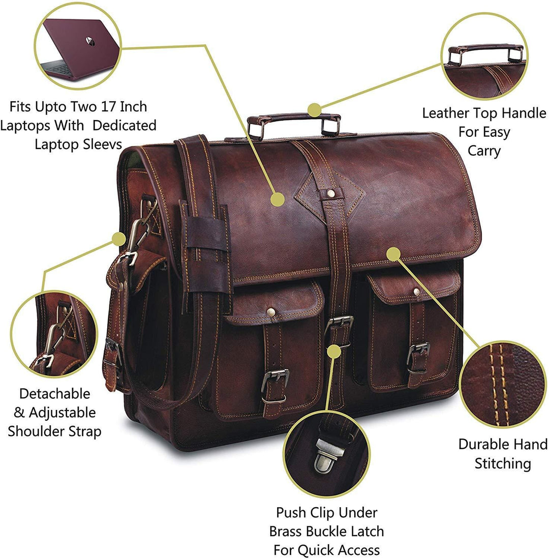 Brown leather briefcase with top handle, front flap, and detachable shoulder strap