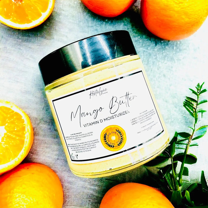 Vitamin D Mango Butter jar with black lid and printed ingredient label