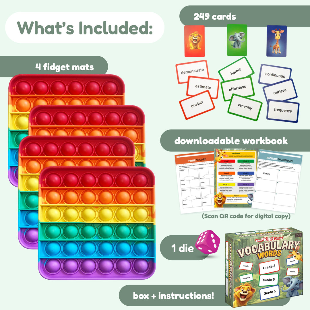 Vocabulary word fidget game contents: four rainbow push-pop mats, cards, workbook, die