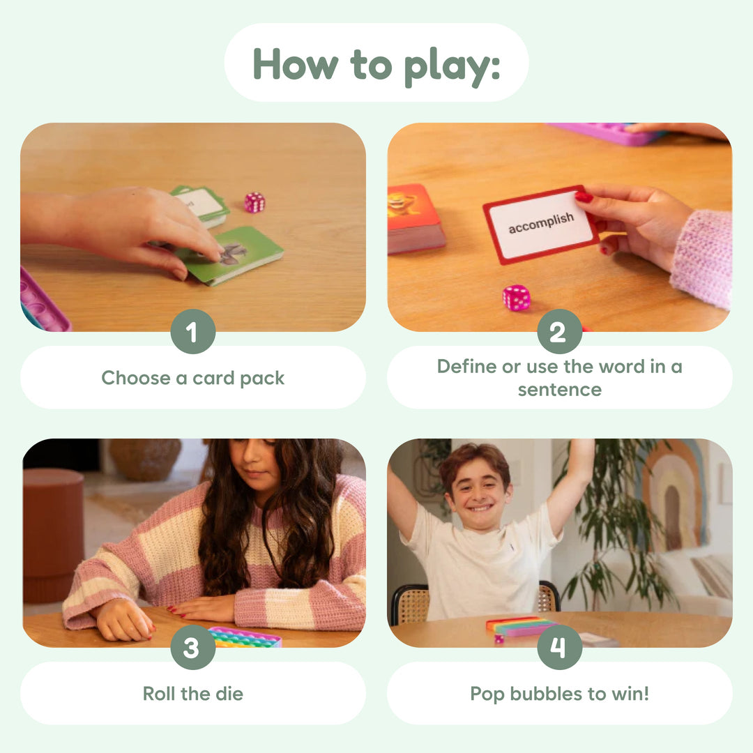 How-to-play steps for a vocabulary word fidget game: choose, define, roll die, pop bubbles