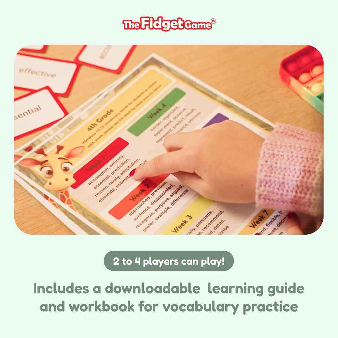 Child using vocabulary cards and learning workbook on a table with game pieces