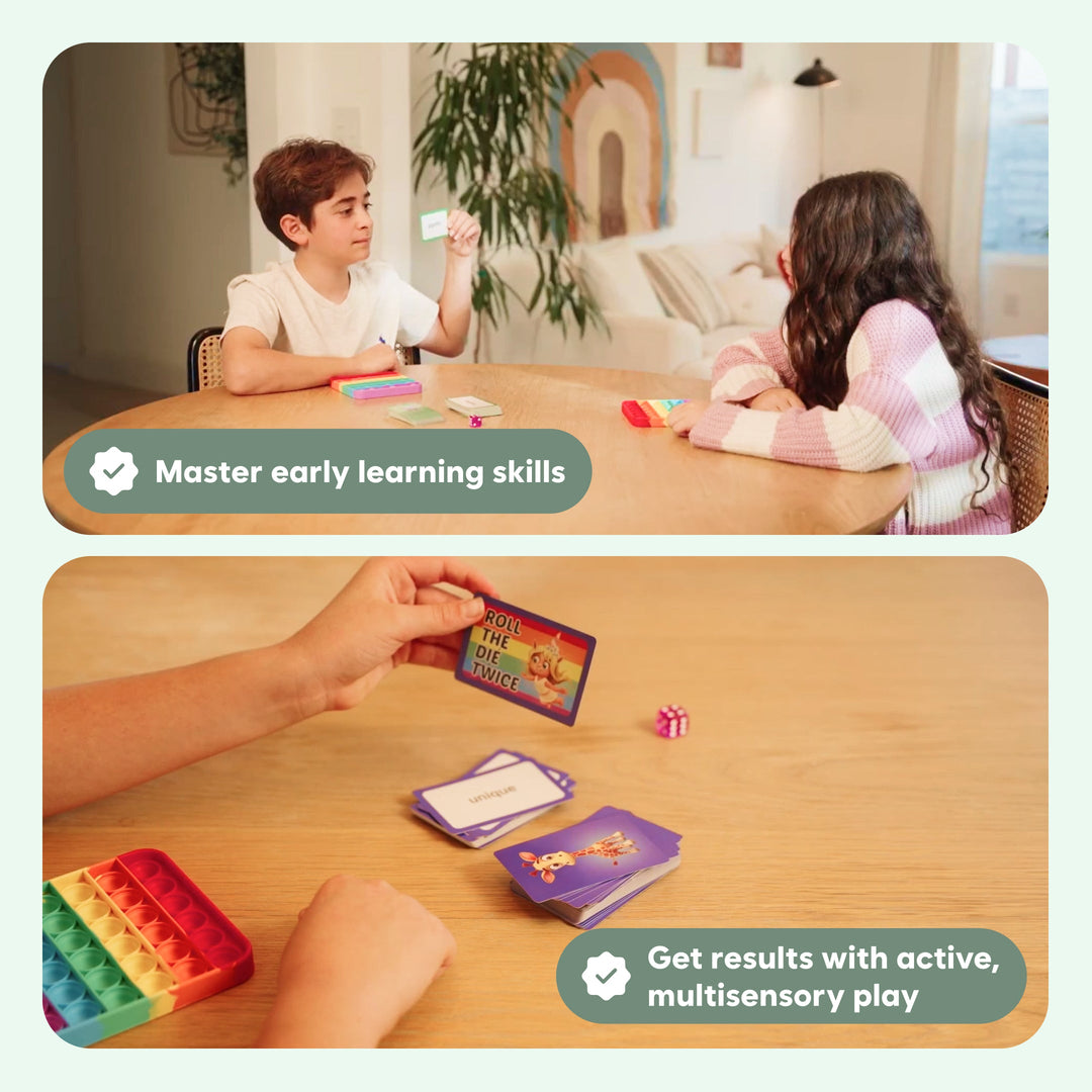 Children playing a vocabulary word fidget game at a table with cards and push-pop tray