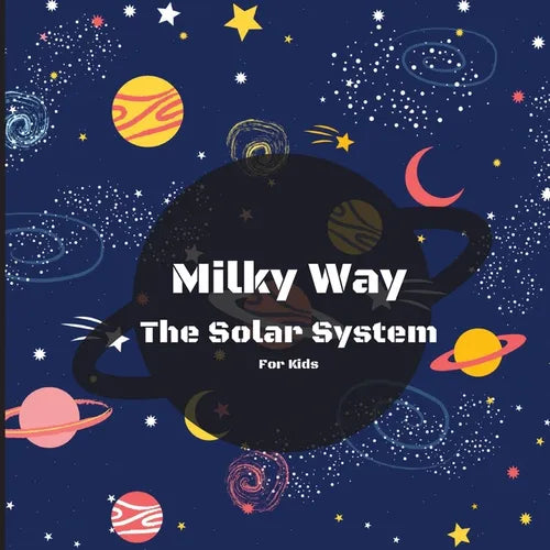 Kids solar system paperback book cover with colorful planets and stars