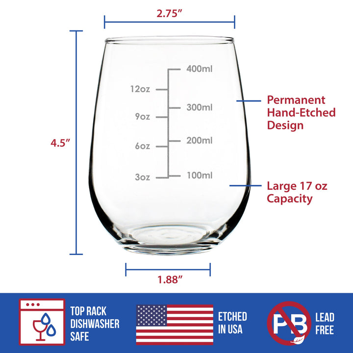 Wine Measuring Cup - Stemless Wine Glass - Engraved Measurement Lines for Portion Control - Ounces and Metric - Large 17 Ounce