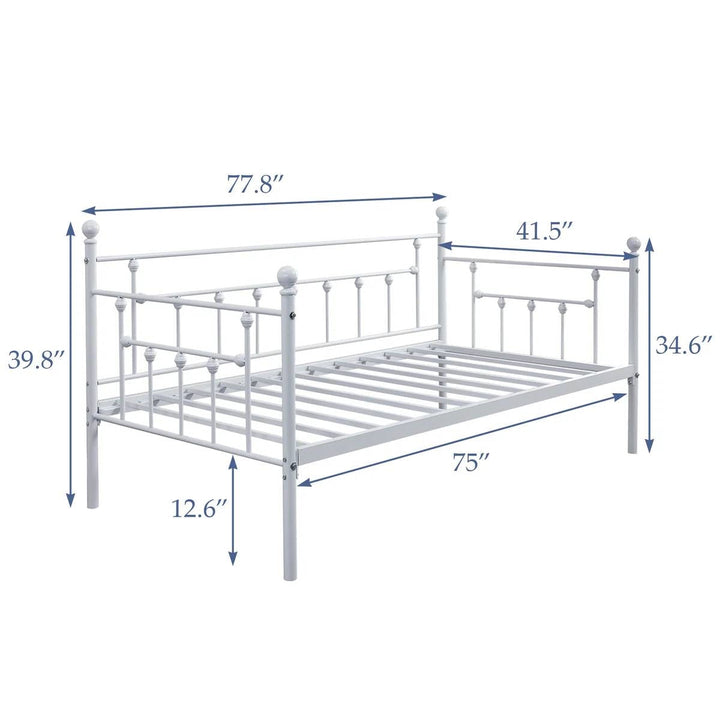 White metal twin daybed frame size diagram with height and width measurements