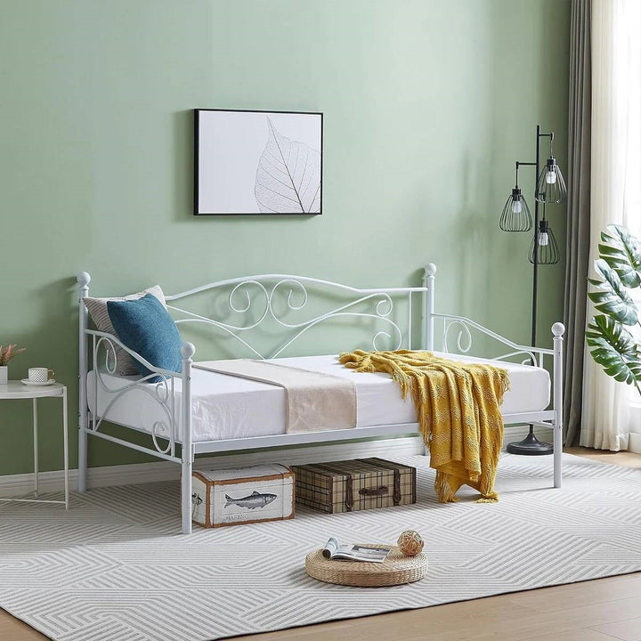 Twin size Classic Heavy Duty Steel Day Bed Frame in White Metal Finish