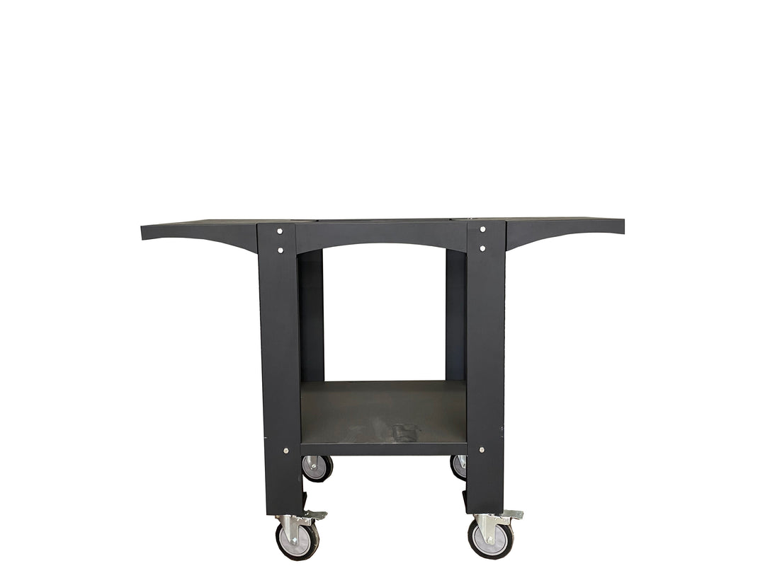 Black metal utility cart with open top, lower shelf, and four caster wheels
