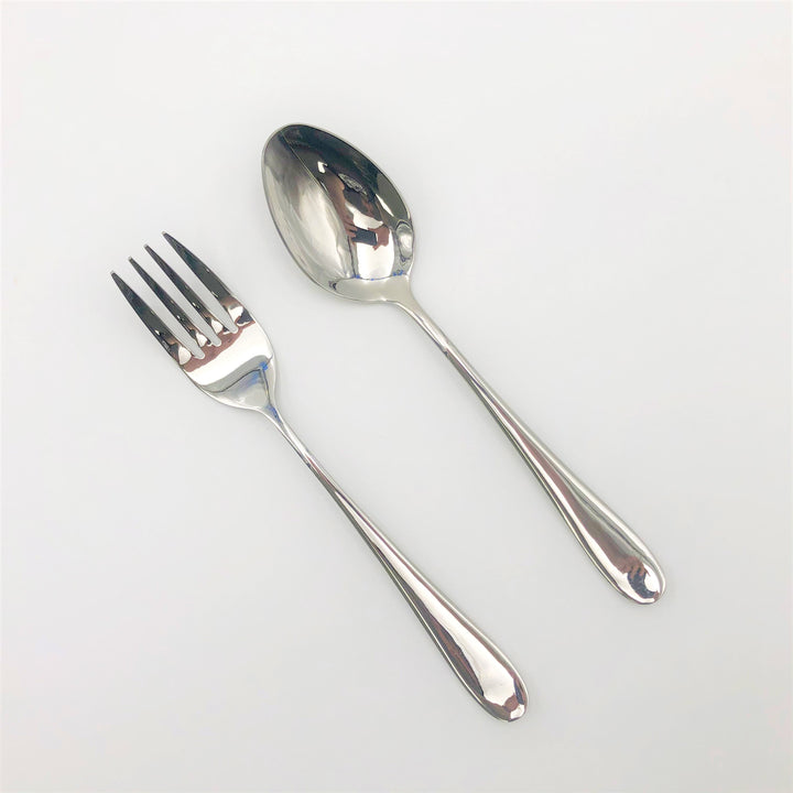 Stainless serving utensils set with fork and spoon, shiny silver finish