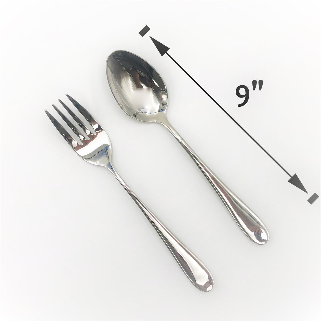 Stainless serving utensils set: fork and spoon, spoon length about 9 in