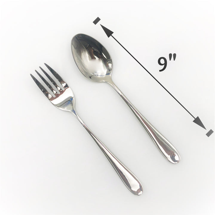 Stainless serving utensils set: fork and spoon, spoon length about 9 in