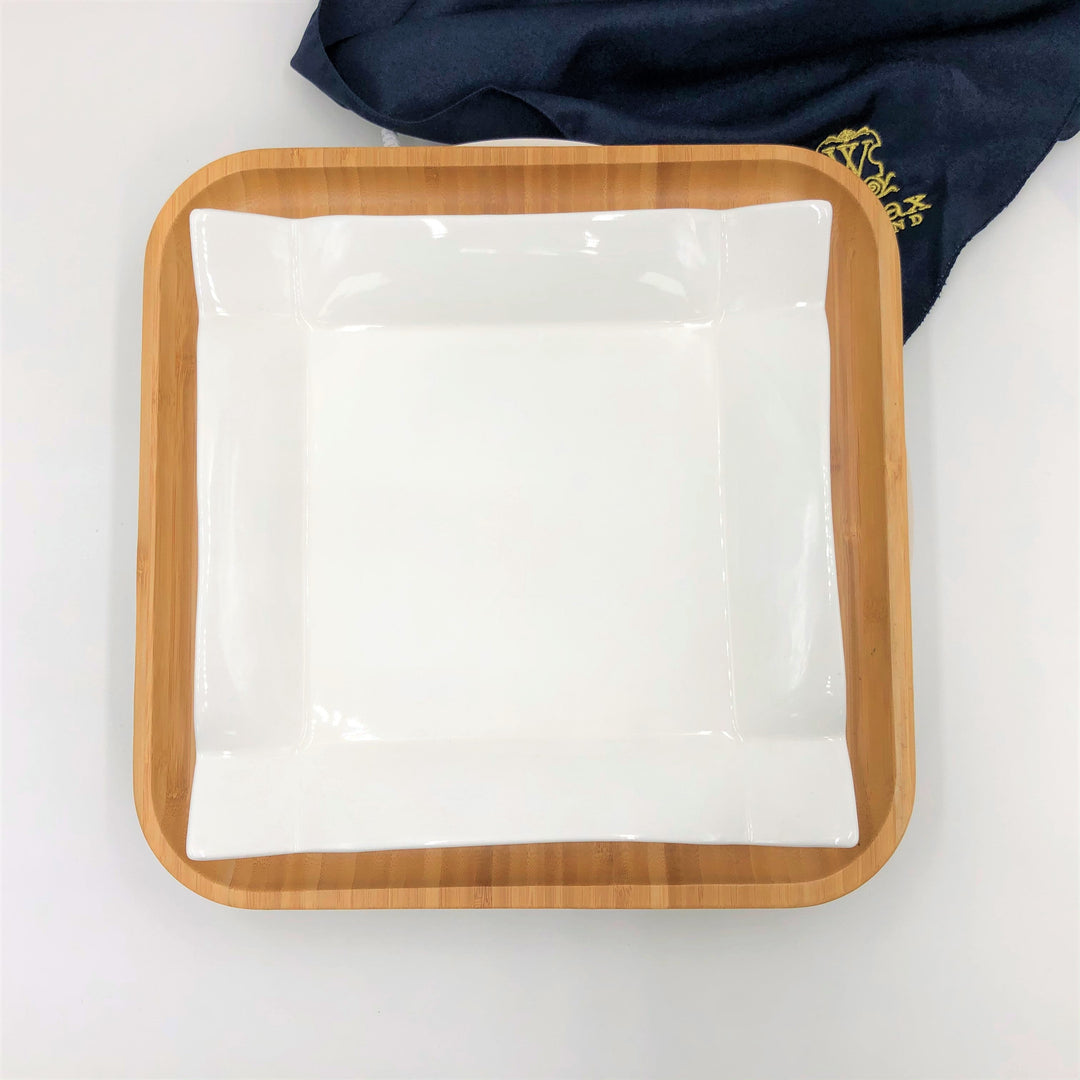 Square white fine porcelain plate with bamboo-style wood rim