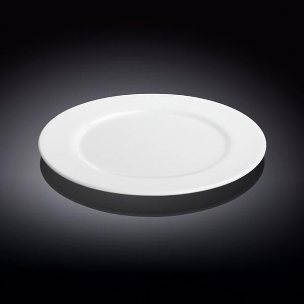 White 8-inch rolled-rim dessert plate with smooth center and shallow rim.