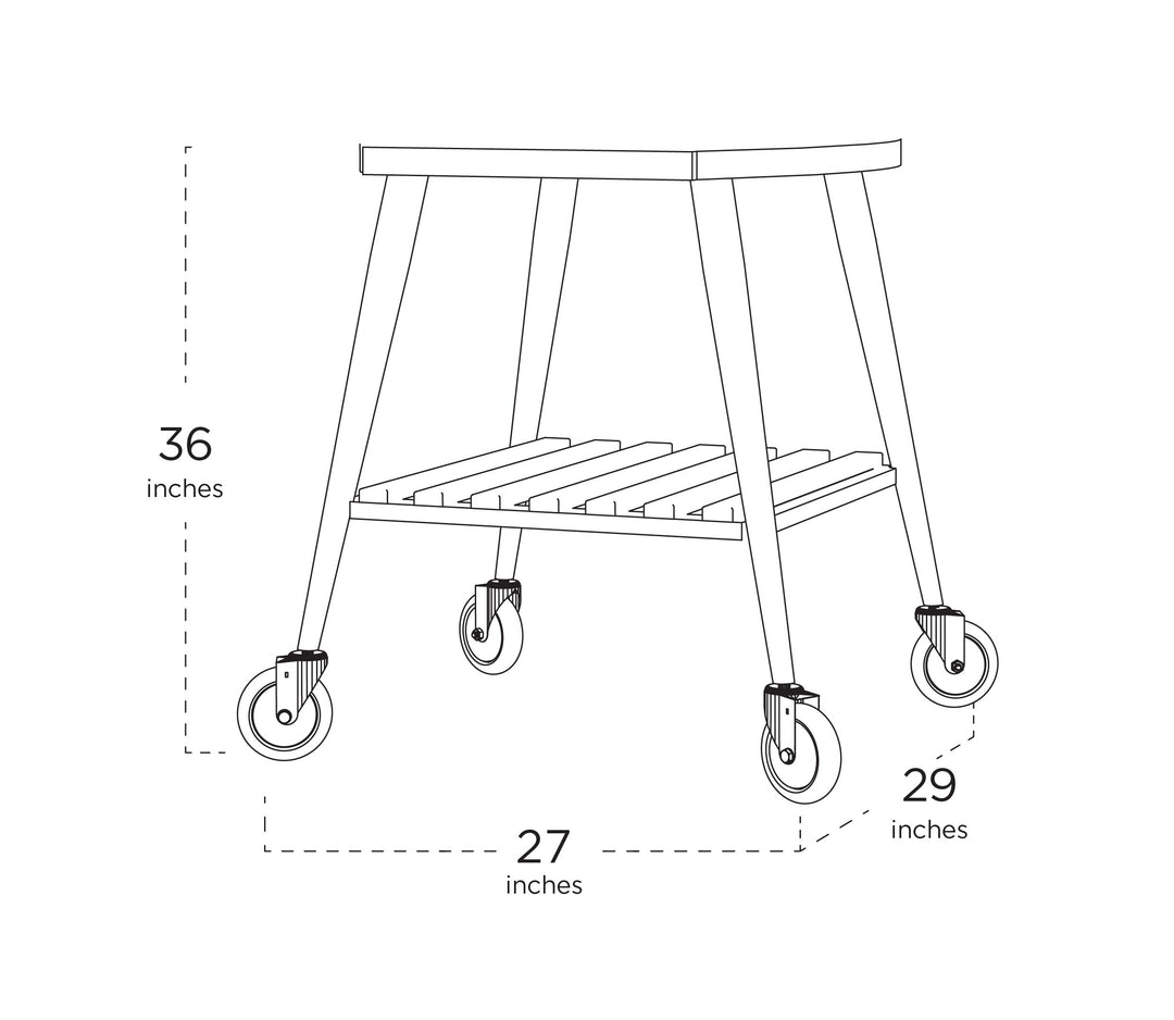 Wheeled trolley dimensions: 36 in height, 27 in width, 29 in depth