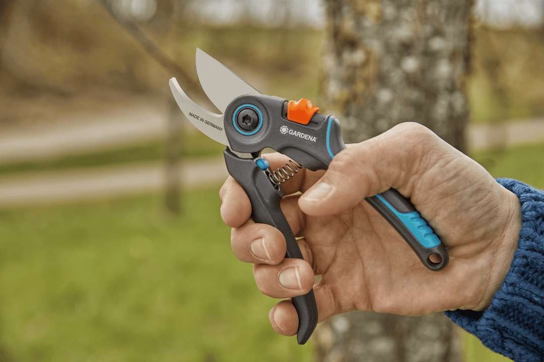 Close-up of hand gripping secateurs with teal handle and orange release