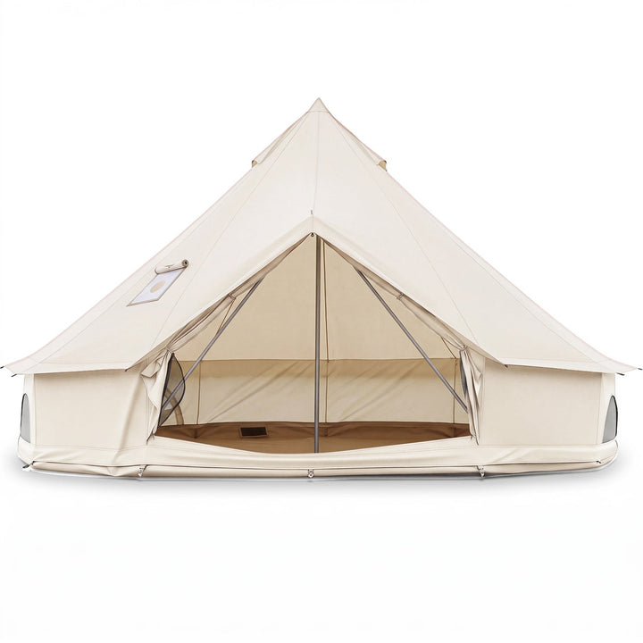Bell tent with mesh windows, front doorway, and stove jack panel