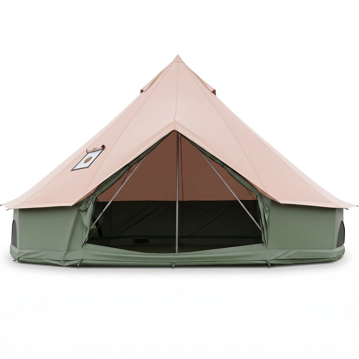 Bell tent with pale pink roof peak and green walls; open front shows dark mesh interior