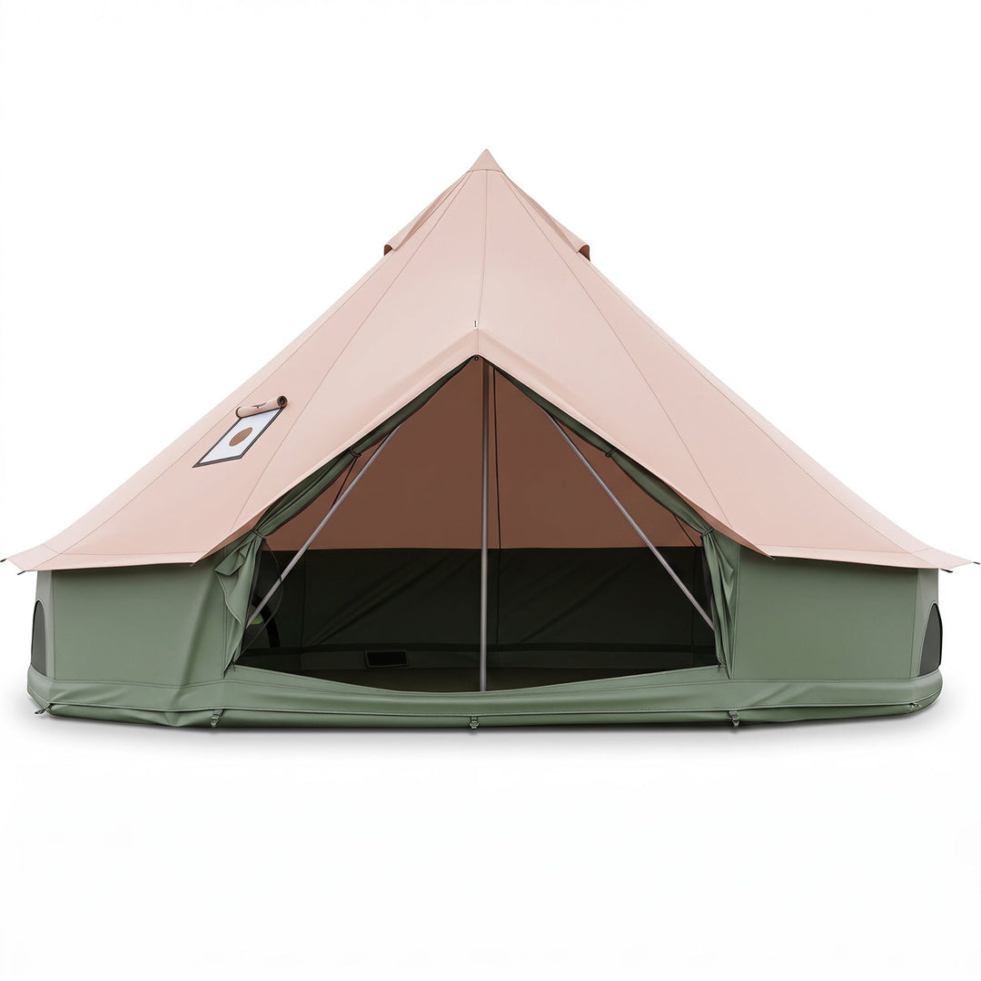 Bell tent with open front and mesh panel; pale pink canopy and green lower skirt