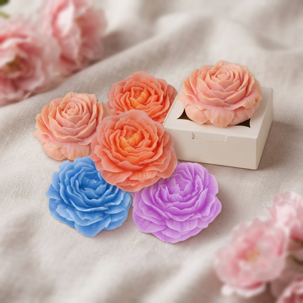 Set of six pastel wax flower fresheners in a cluster on light fabric