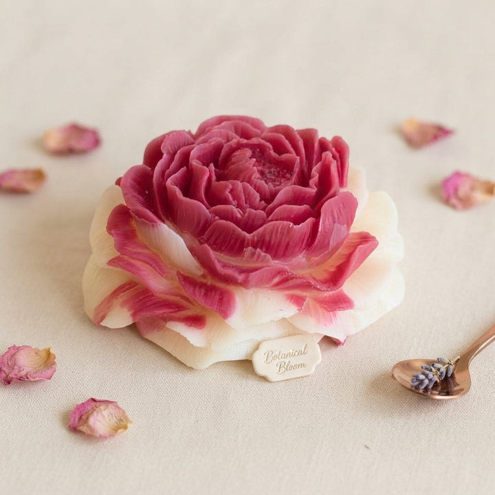 Pink and cream wax flower freshener with small Botanical Bloom label