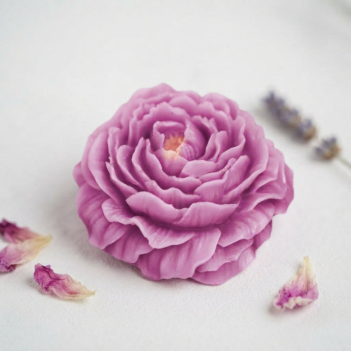 Lavender wax flower freshener with embossed rose petals and small center