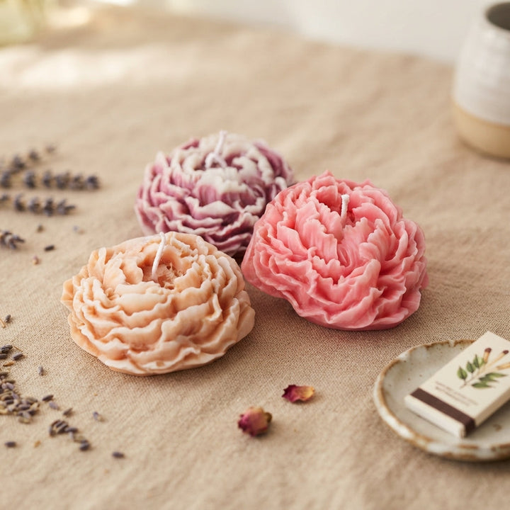 Assorted pastel wax flower fresheners on beige fabric with small floral herbs