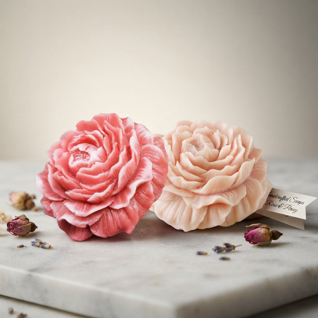Pair of wax flower fresheners: pink and cream with layered rose-like petals